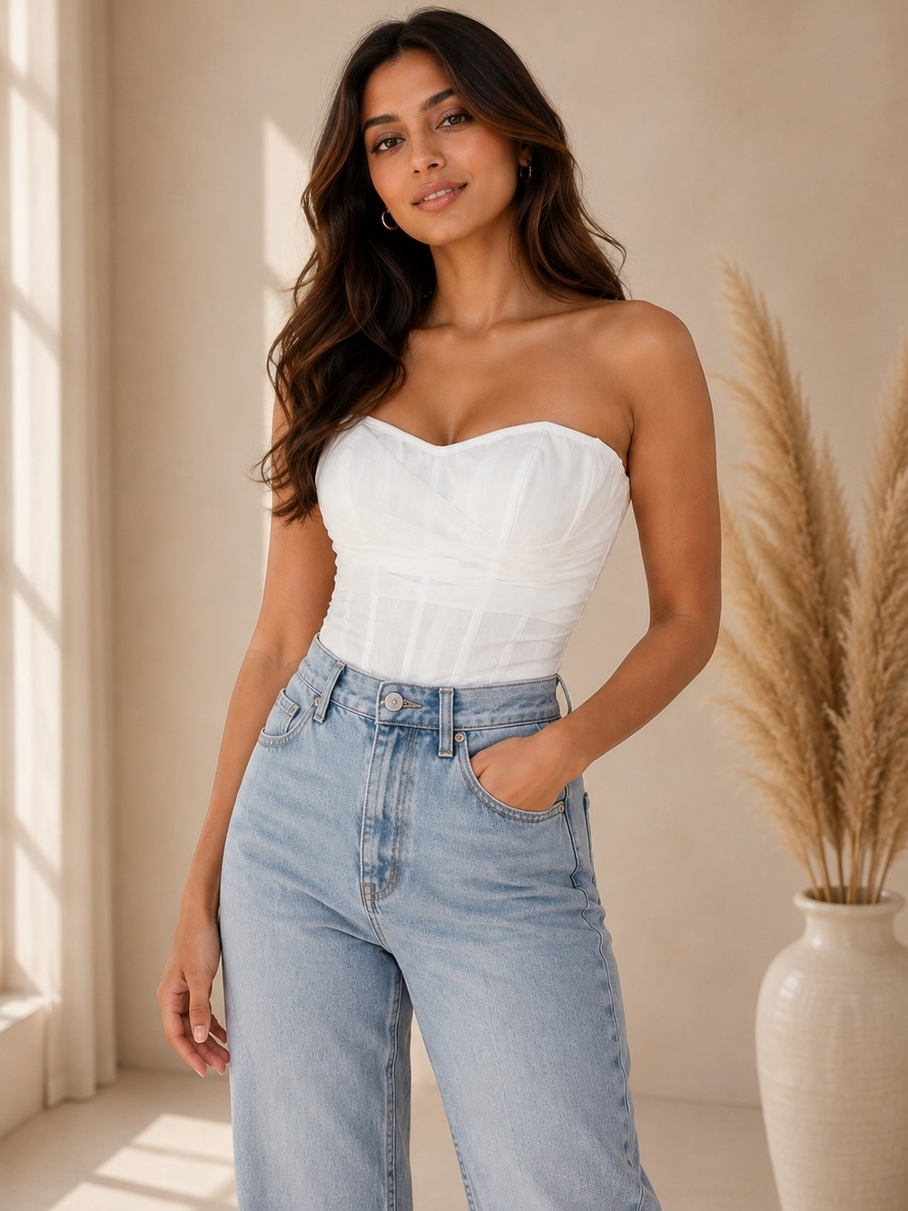 White Ruched Corset Bustier Top | Sweetheart Neck | Size 8/10